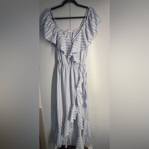 blue and white striped off-the-shoulder midi dress